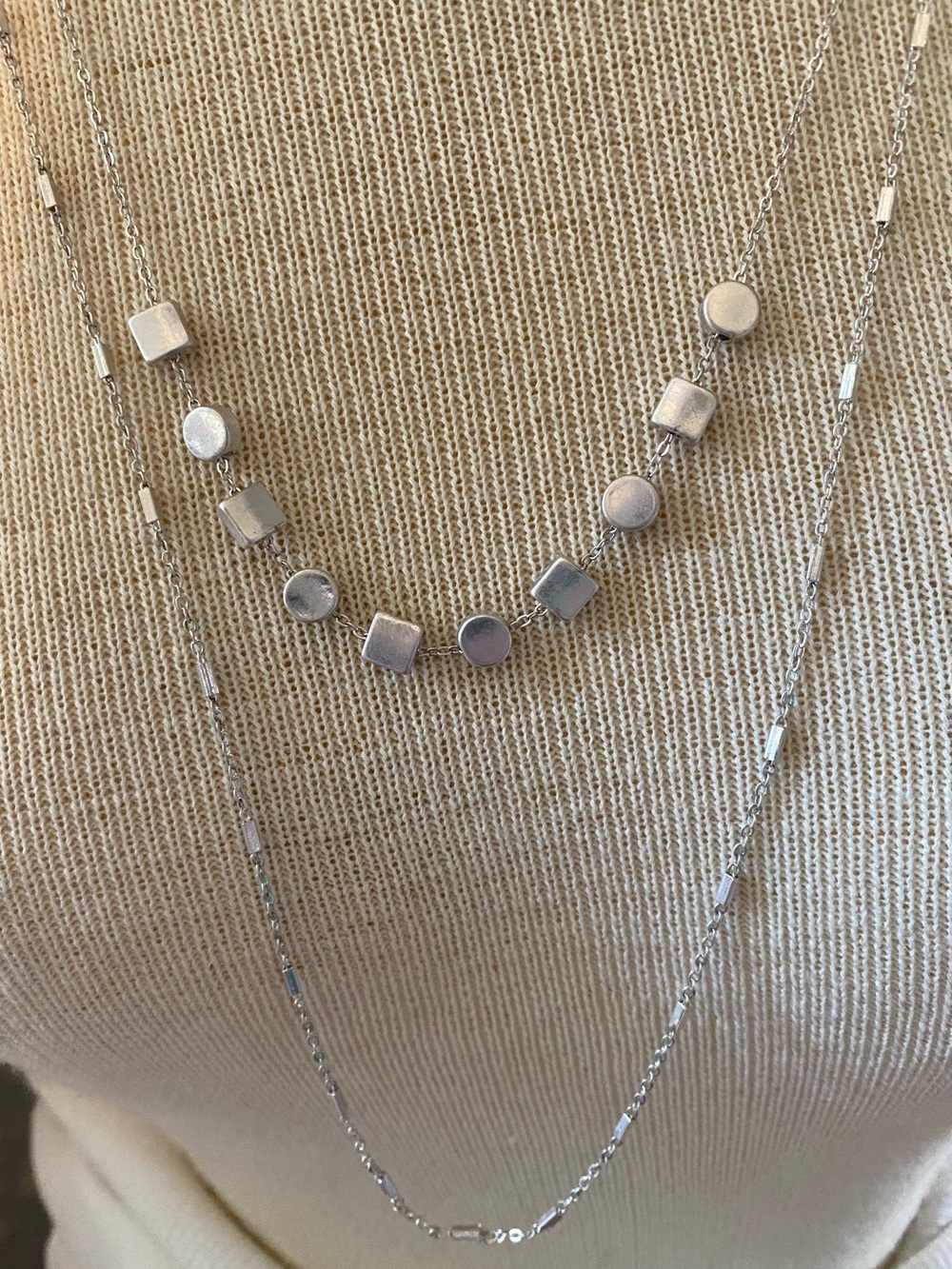 Sterling Silver Layered Geometric Pendant Necklace - Silver - Picture 3 of 6